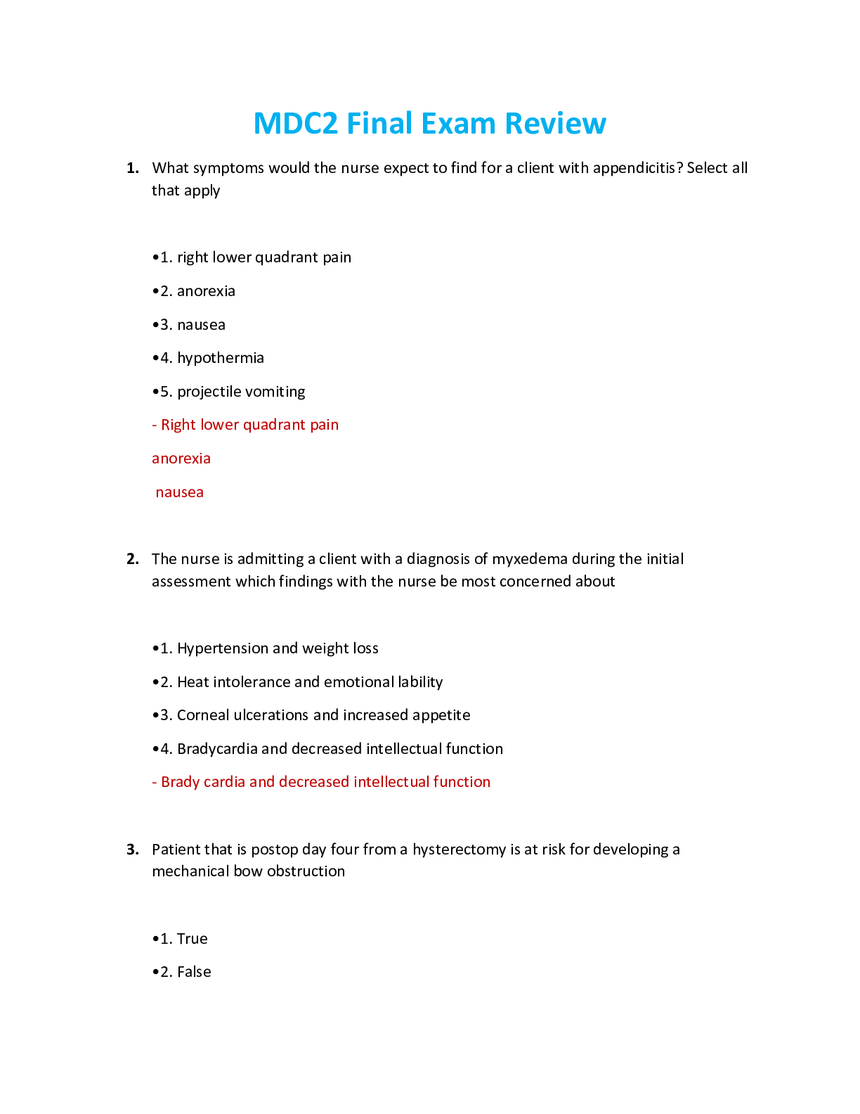 Preview image for NUR 2392 / NUR2392 Final Exam Review: Multidimensional Care II / MDC 2 Final Exam Review (2021/2022) Rasmussen
